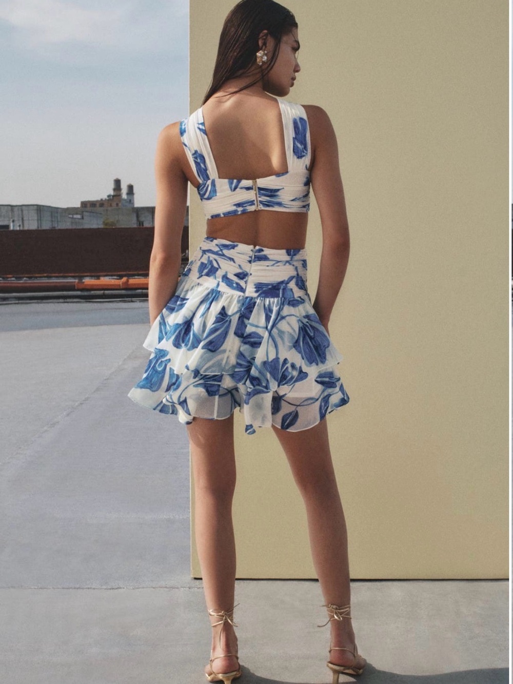 PatBO White Mini Dress with Blue Floral Print and Cutout Halter - Picture 2 of 5